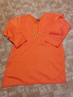 Women's Orange Embroidered V-Neck Top Kaerchiart & Crafts
